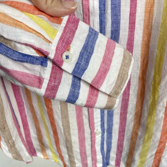 TALBOTS 100% Linen Boyfriend Shirt Petite Size LP Colorful Rockport Stripe - Picture 7 of 10